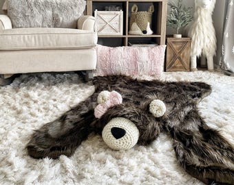 Brown Bear Rug in Faux Fur for Woodland Nursery Decor
