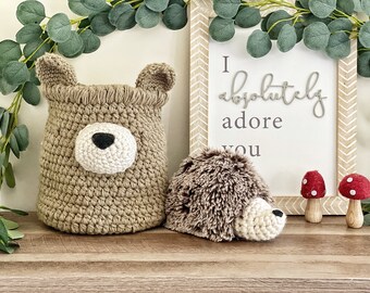 Woodland Nursery Bear basket and plush hedgehog decor - woodland plush animal decorations for baby room by ClaraLoo