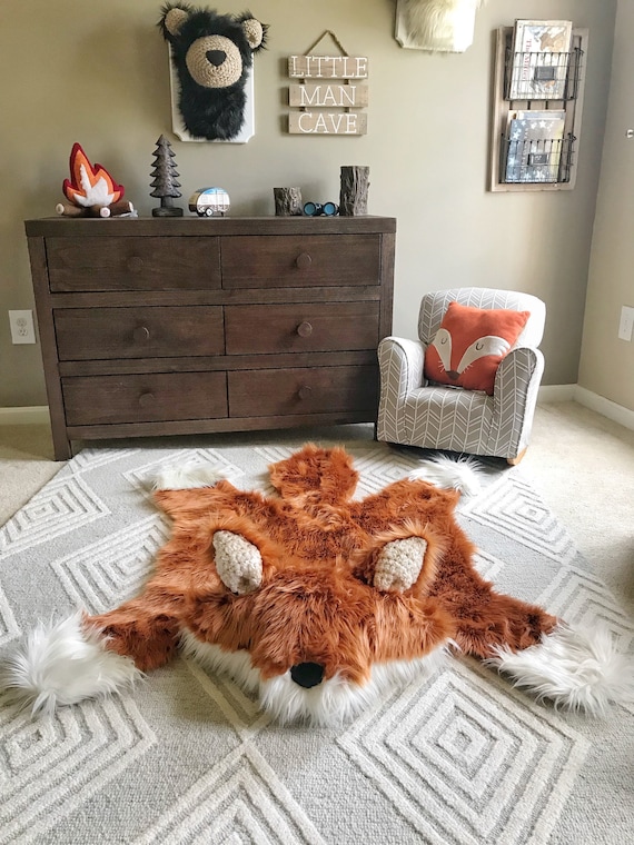 Orange Fox Rug in Faux Fur for Woodland Nursery Decor
