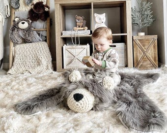Gray Bear Rug in Faux Fur for Woodland Animal Nursery