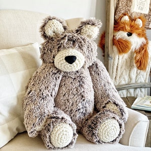 Large Plush Bear: Brown Faux Fur Stuffed Animal with Crochet Accents