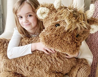 Brown Highland Cow Plush with Faux Fur and Crochet Accents For Nursery