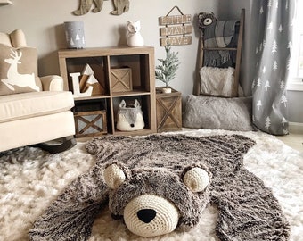 LARGE Brown Frosted Minky Bear Rug | Woodland Nursery Rug