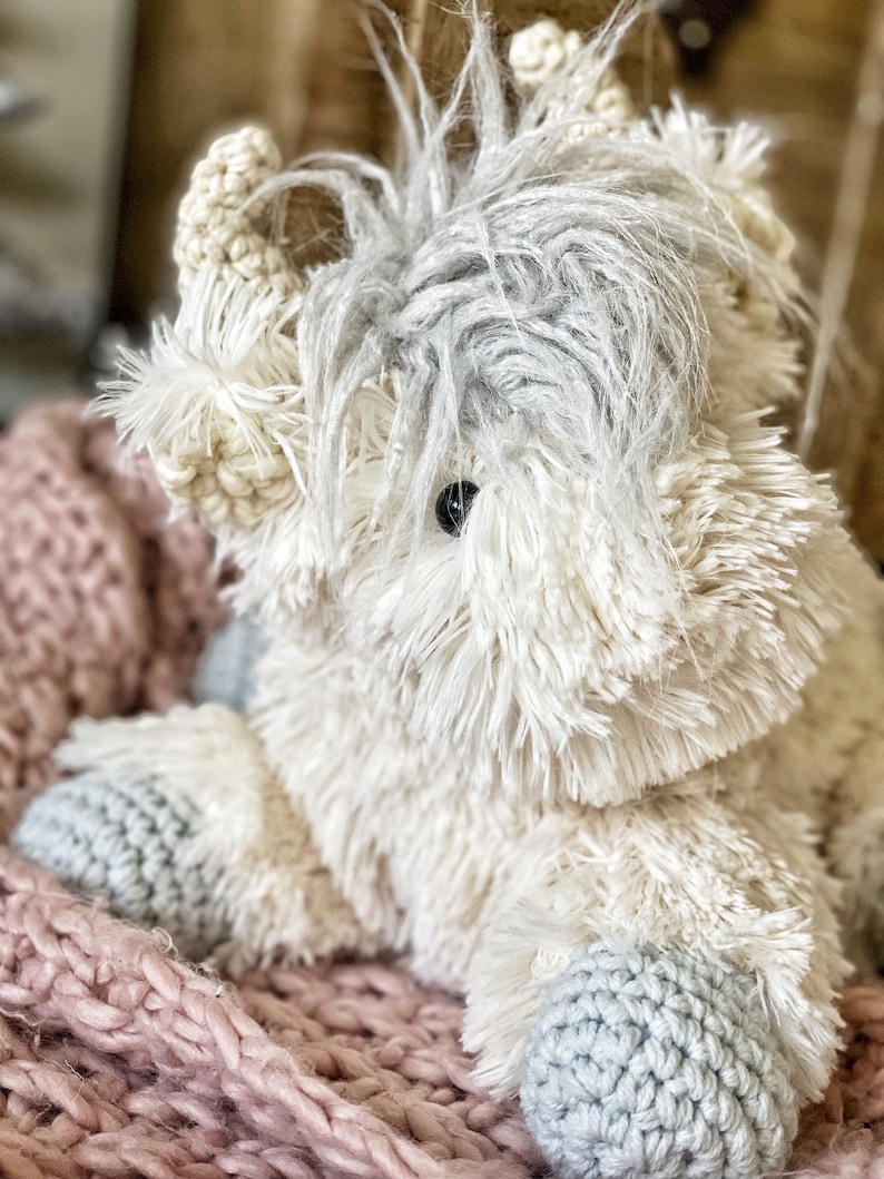 White Highland Cow Plush. Stuffed animal nursery decor. Soft highland cow baby gift. Christmas highland cow stuffie. Crochet cow gift. image 3