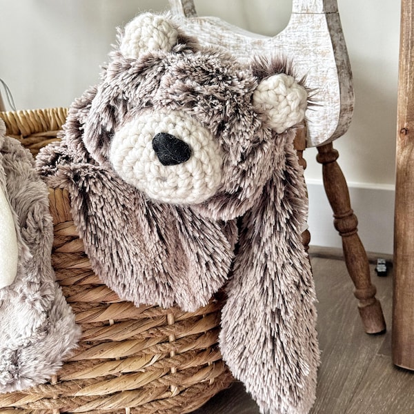 Crochet Bear Lovey in Brown Faux Fur for Woodland Nursery
