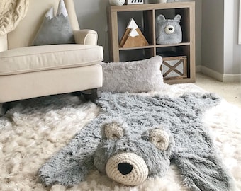 Gray Bear Rug in Faux Fur for Woodland Nursery Decor