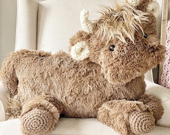 Highland Cow Plush: Brown Faux Fur, Handmade Crochet Accents, Farm Nursery Decor