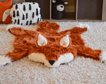 Fox rug, Faux fox rug, woodland camping nursery, Fox Baby room decor,  animal play mat