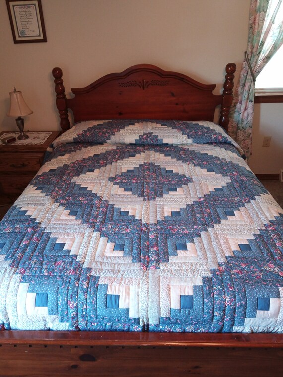 Pennsylvania Amish Log Cabin Quilt In Blue Etsy
