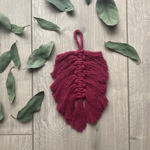 May include: A burgundy macrame feather wall hanging with a tassel fringe. The feather is hanging against a light wood background with green leaves scattered around it.