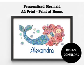 Digital Download Personalised Mermaid A4 Printable Poster, Sea life Picture, Under the Sea Nursery Print, Siren, Sea- Maiden, Ocean Nymph.