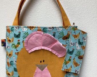 Chicken Print Tote Bag: Lined Cotton, mini bag, free bookmark