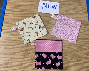 Reusable sandwich bags, pigs, NEW! fold over, farm, barn, cow, pink, gray, black, pkg. of 3, Eco friendly, machine washable water resistant