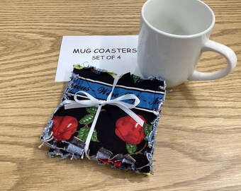 Recycled Denim Apple Coasters - Ragged Edges Set of 4-red apples, green apples, mugs, blue jeans, hot, cold, 5"x5"