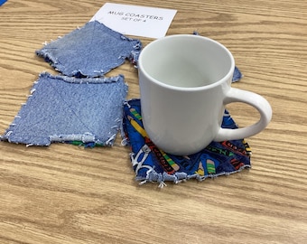 Recycled Denim Mug Coasters: School Time Fabric, Raggy Edges, Set of 4, cups, pencils, colors, scissors, red, blue, yellow, green, hot, cold