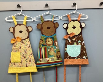 Monkey child's apron, animal face, monkey, jungle, banana, brown, yellow, dots, bows, pocket, painting, cooking, unisex, costume, bookmark