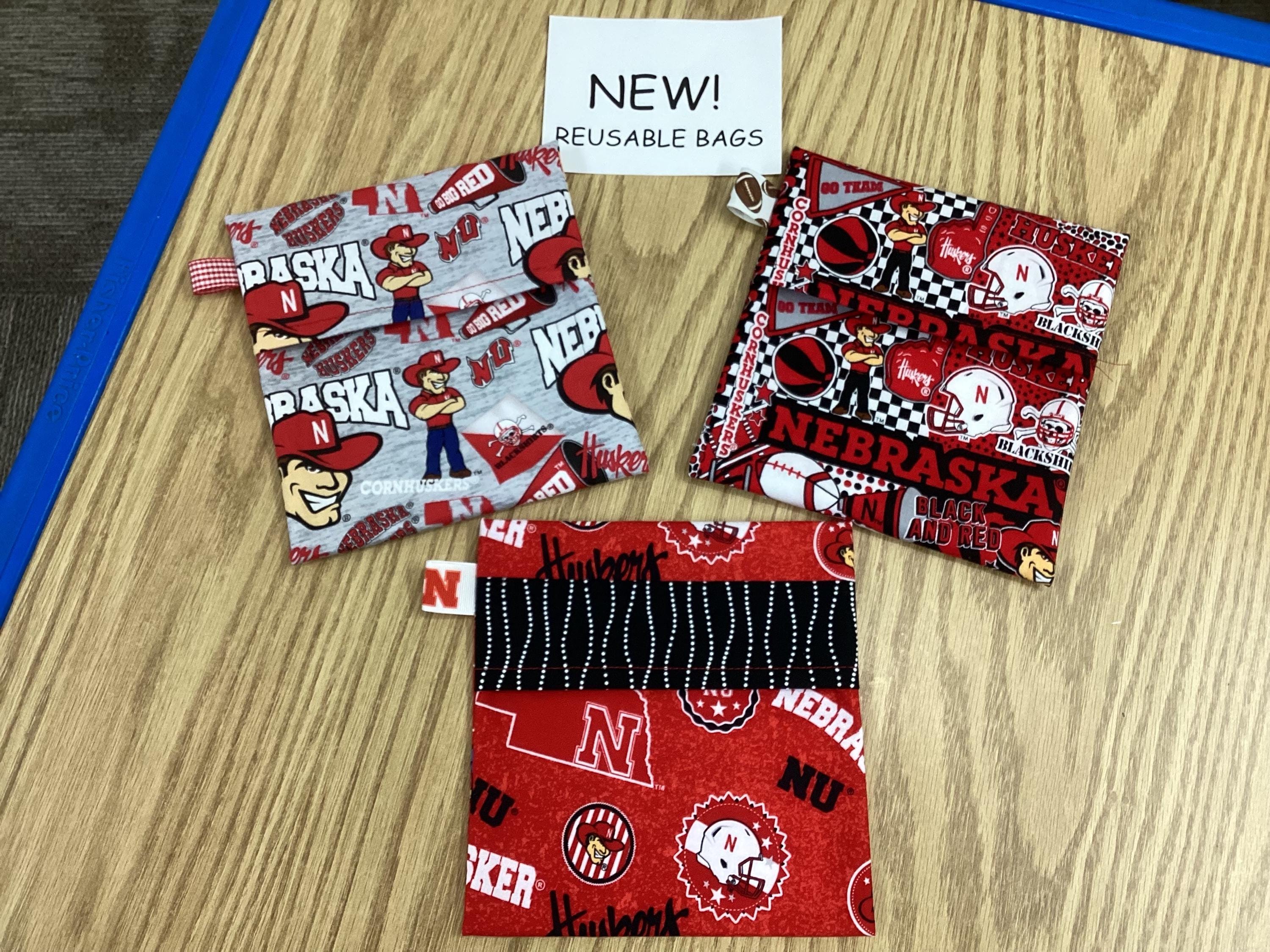 Reusable sandwich bags, Nebraska, NEW! fold over, red, black, white, pkg. of 3, eco friendly, lining, machine washable, water resistant,