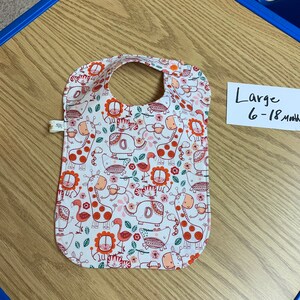 Baby bib, giraffes, lions, monkeys, elephants, flamingo, snakes, tiger, toddler bib, feeding, 6-18 months, cotton, batting, Snap closure
