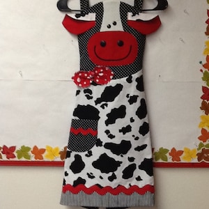 Cow adult full size apron, crazy cow, cow prints, red, black, farm animal, animal face, moo, dots, stripes, kitchen apron, pocket, recipes