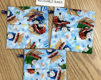 Reusable sandwich bags, trains, Thomas, tracks, toot, RR, blue, NEW! fold over, set of 3, Eco friendly, machine washable, water resistant
