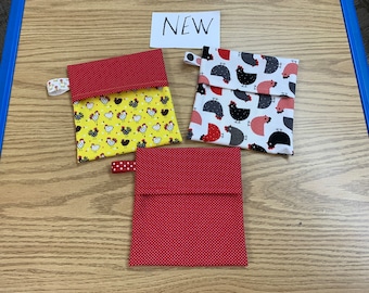 Reusable sandwich bags, chickens, NEW! hens, dots, black, red, yellow, white, package of 3, Eco friendly, machine washable, water resistant