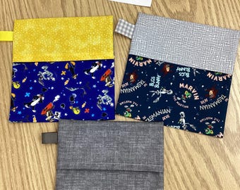 Reusable sandwich bags, Cartoons, Looney Toons, Tweety, Sylvester, Wile, foldover, set of 3, Eco friendly, machine washable, water resistant