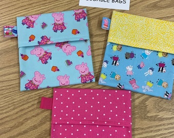 Reusable sandwich bags, Peppa Pig, NEW! fold over, cupcakes, skates, pink, yellow, pkg of 3, Eco friendly, machine washable, water resistant