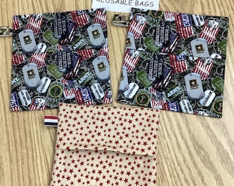 Reusable sandwich bags, Military, Army, stripes, stars, red, green, NEW, foldover, set of 3, Eco friendly, machine washable, water resistant