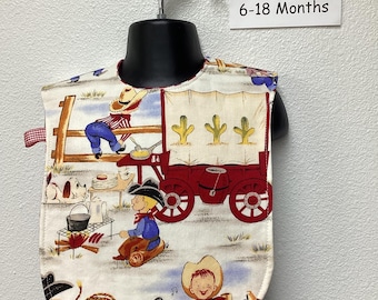 Vintage Cowboy Baby Bib: cowboy hats saddles wooden horse chickens campfire Reversible Cotton  Snap Closure (6-18 Months)