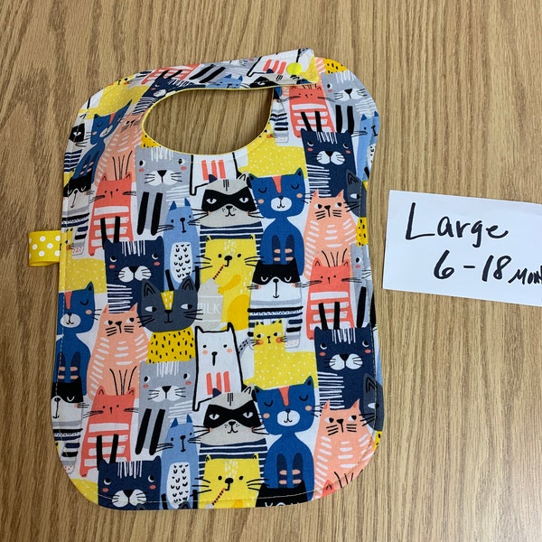 Baby bib, kitties bib, cats, masked, yellow, blue, gray, orange, stripes, toddler bib, feeding, 6-18 months, cotton, batting, Snap closure