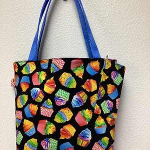 tote/bag, cupcakes, sprinkles, pink, black, blue, dots, Halloween, Easter, books, toys, IPAD, library bookmark, lined, washable, 14"x10.5"