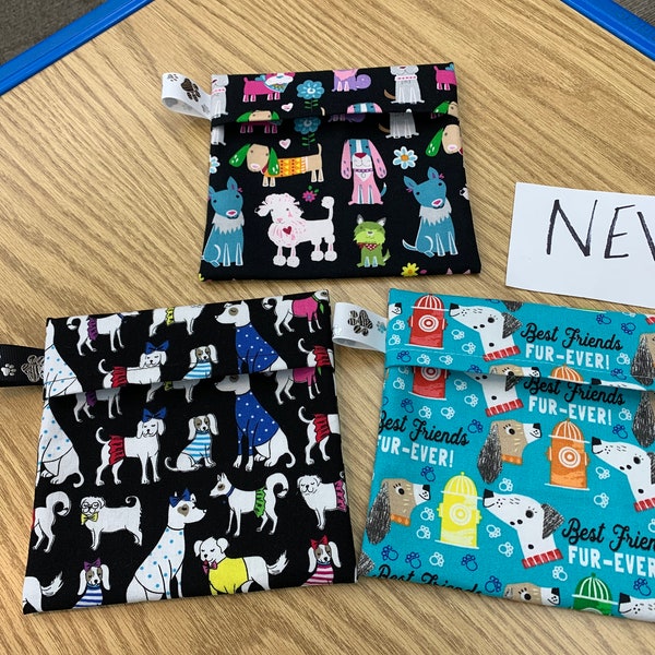 Reusable sandwich bags, dogs, NEW!!  fold over, black, white, pink, blue, friends, pkg/ 3, Eco friendly, machine washable, water resistant