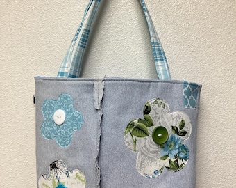 tote/bag, recycled jeans, raggy, flowers, butterfly, books/toys, pool/beach, IPAD, kindle, Halloween, bookmark, lined, washable, 14.5"x10.5"