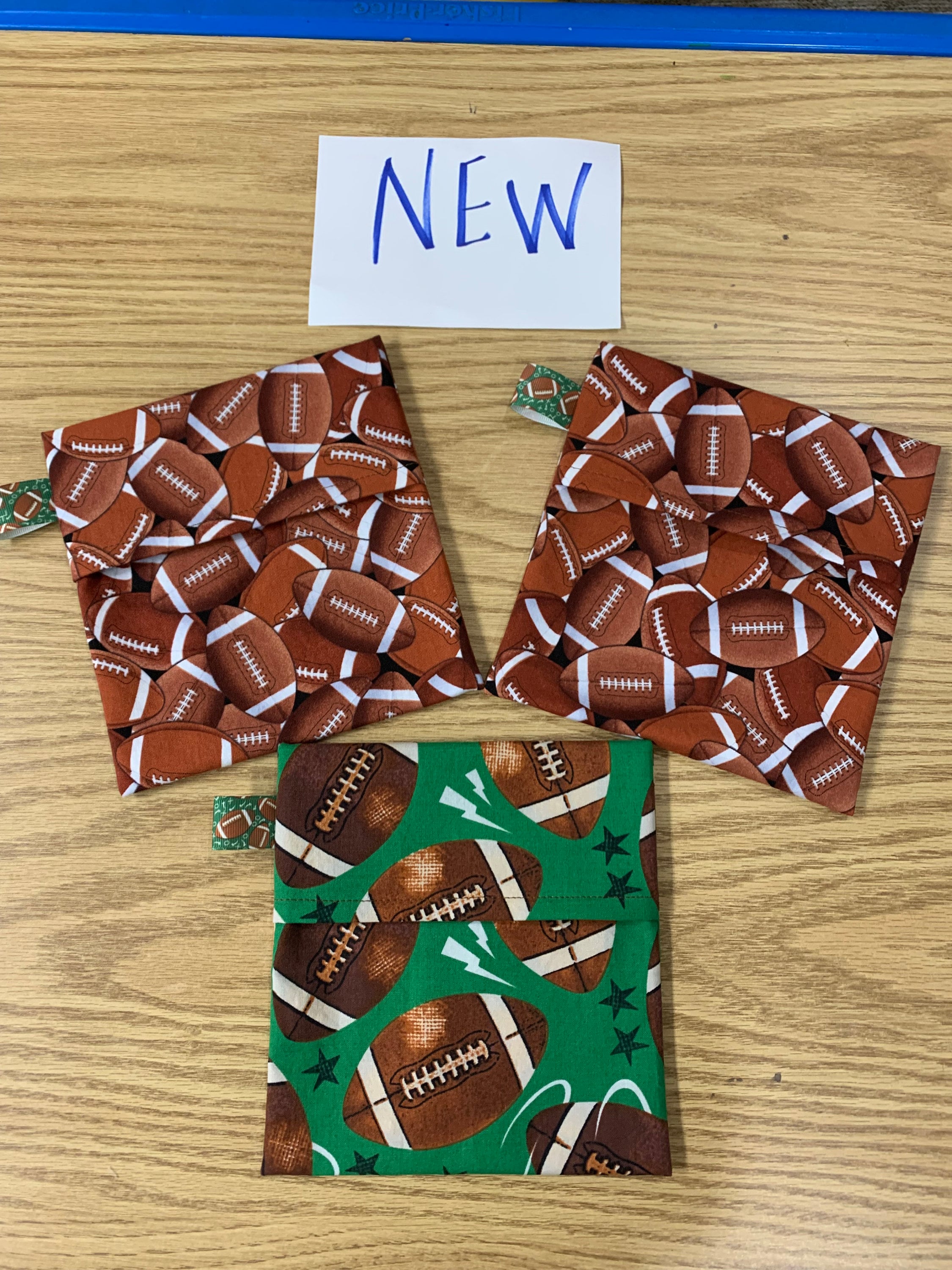 Reusable sandwich bags, football, NEW!! fold over, footballs, brown, green, package of 3, Eco friendly, machine washable, water resistant