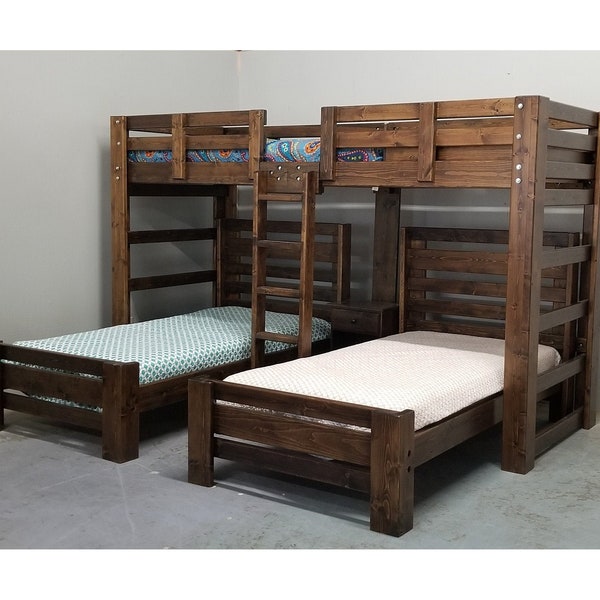 Triple Wall Bunk Bed - Unique Bedroom Bunk Bed Set Solid Wood Furniture