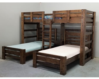 Triple Wall Bunk Bed - Unique Bedroom Bunk Bed Set Solid Wood Furniture