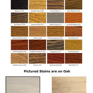 May include: A chart of Minwax wood stain color samples. The chart shows 20 different wood stain colors, each with a name and a number. The colors range from light to dark, and include shades of brown, red, gray, and black. The chart is labeled "Minwax Stain Color Samples" and "Pictured Stains are on Oak".