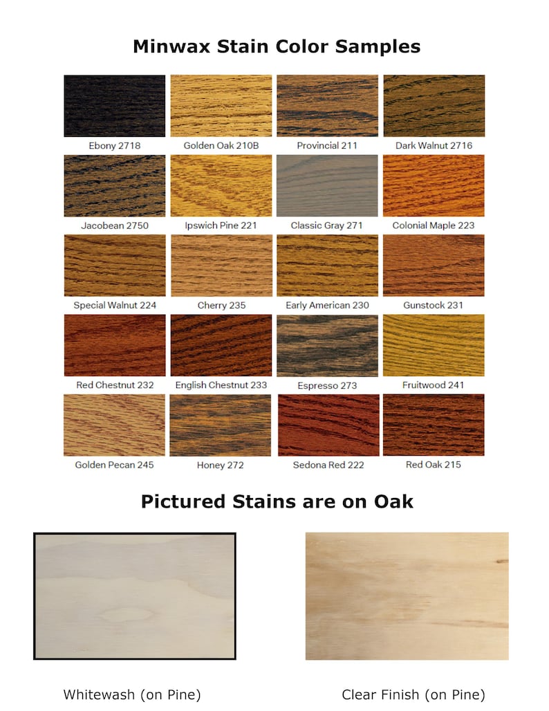 May include: A chart of Minwax wood stain color samples. The chart shows 20 different wood stain colors, each with a name and a number. The colors range from light to dark, and include shades of brown, red, gray, and black. The chart is labeled "Minwax Stain Color Samples" and "Pictured Stains are on Oak".