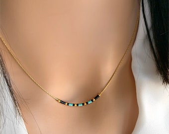 Gold Beaded Necklace, Turquoise and Black Beads Necklace, Minimalist Necklace, Tiny Beaded Necklace, Dainty Gold Necklace, boho necklace