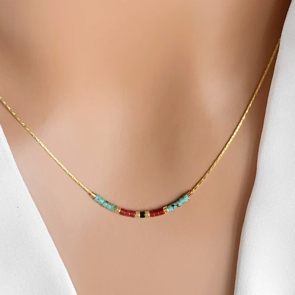 Gold Dainty Beaded Necklace, Turquoise Beaded Necklace, Boho Delicate Necklace, Silver Minimalist Necklace, Colorful Layering Necklace.