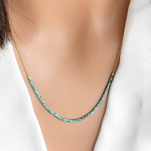 Gold Necklace with Tiny Beads, Dainty Beaded Necklace, Delicate Turquoise Necklace, Thin Minimalist Necklace, Turquoise Bar Necklace, Miyuki