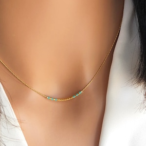 Delicate Beaded Necklace, Thin Minimalist Necklace, Dainty Gold Necklace, Simple Turquoise necklace, Short Necklace with Tiny Beads.