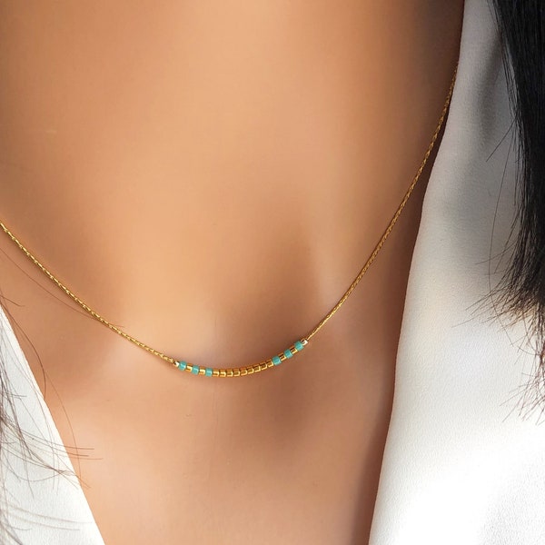 Delicate Beaded Necklace, Thin Minimalist Necklace, Dainty Gold Necklace, Simple Turquoise necklace, Short Necklace with Tiny Beads.