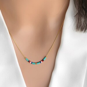 Colorful Delicate Beaded Necklace, Minimalist Gold Necklace with Tiny Beads, Turquoise Bead Necklace, Dainty Beaded Necklace, Boho Necklace.