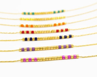 Gold Beaded Necklace, Gold Delicate Beaded Necklace, Thin Necklace, Minimalist Necklace, Simple Colorful Necklace, Gold Short Necklace.