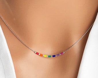 Silver Rainbow Necklace/Thin Silver Necklace/Tiny Beaded Necklace/Colorful Beads Necklace/Delicate Necklace/Stocking Stuffer/Pride Necklace