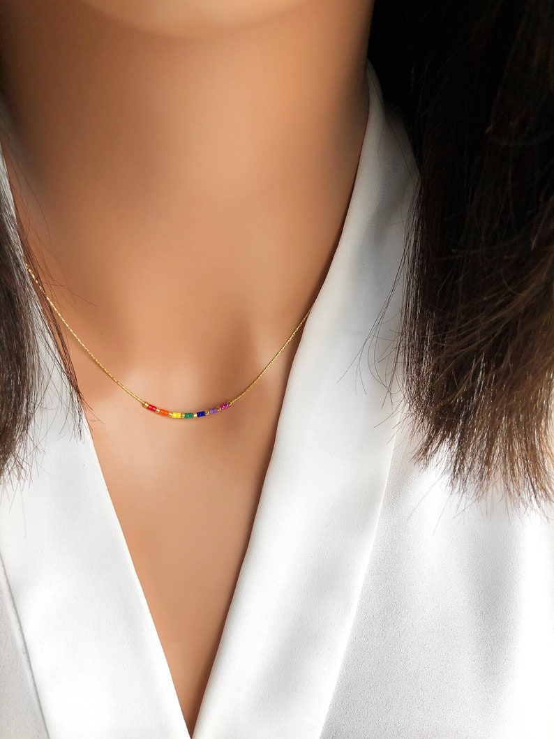 Rainbow NecklaceTiny Colorful Bead NecklaceTiny Beads NecklaceColorful NecklaceDelicate Bead NecklaceThin Gold Necklace
