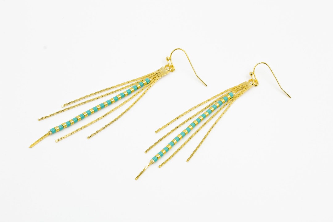 Beaded Tassel Chain Earrings, Bead Tassel Earrings, Gold Long Drop