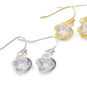 CZ Flower Dangle Earrings, Cubic Zirconia Dangle Earrings, Gold Floral Earrings, Gold CZ Drop Earrings, CZ Crystal Earrings.