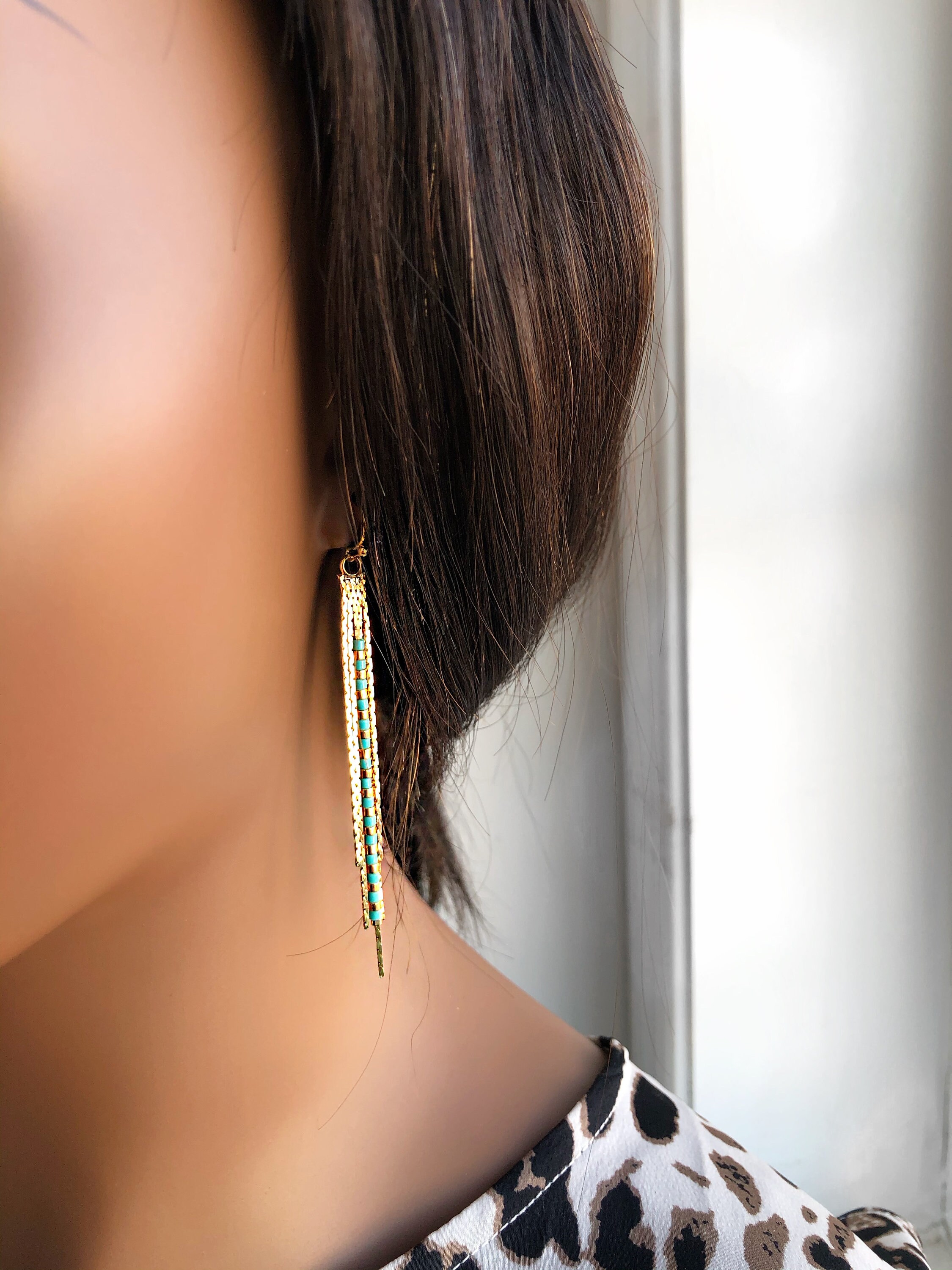 Beaded Tassel Chain Earrings Bead Tassel Earrings Gold Long Etsy UK